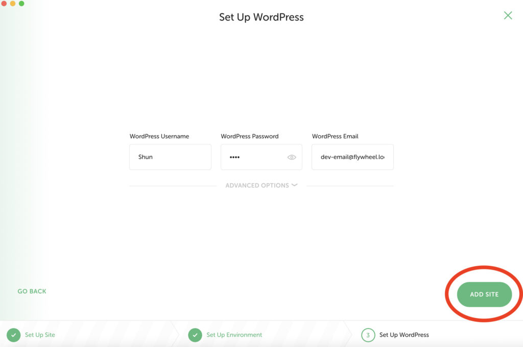 Set up WordPress　
Username、Password、WordPressEmailの３つを入力します。